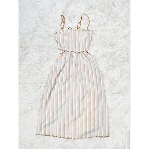 Lina Brand Striped Scalloped Trim Maxi Dress Cut-Out Waist Pockets Boho Size M